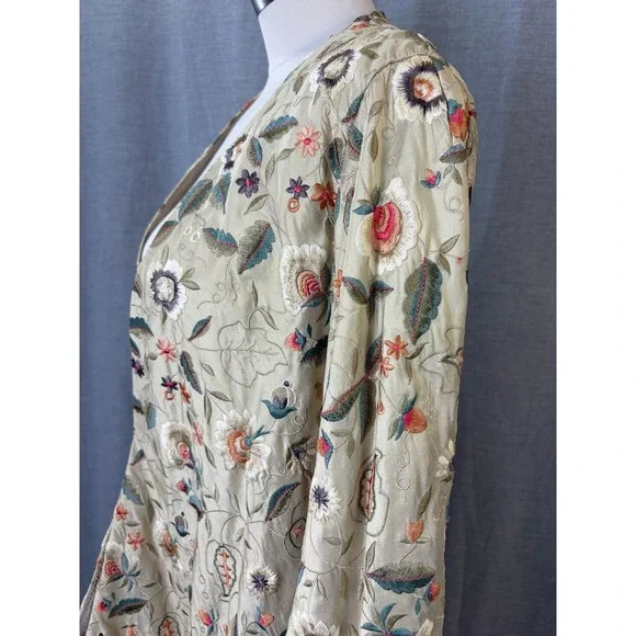 Embroidered Kimono Jacket Beige Floral Open Front Belted Women's M Bohemian - Picture 4 of 13